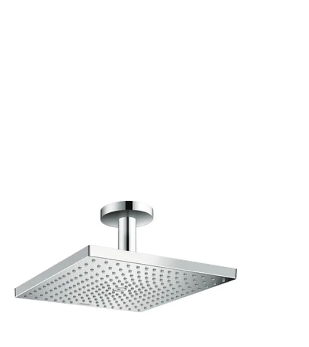 Deckenmontierte Kopfbrause in Chromoptik von Hansgrohe mit quadratischem Design und gleichmäßig angeordneten Auslassdüsen für Wasserstrahlen.